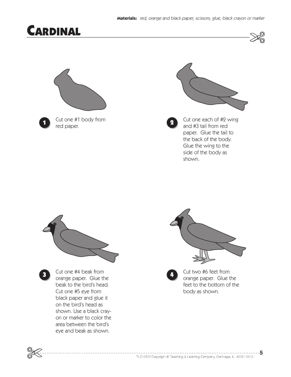 Cardinal craft directions: students follow 4 illustrated steps to cut red body, wing and tail, then glue on beak and feet