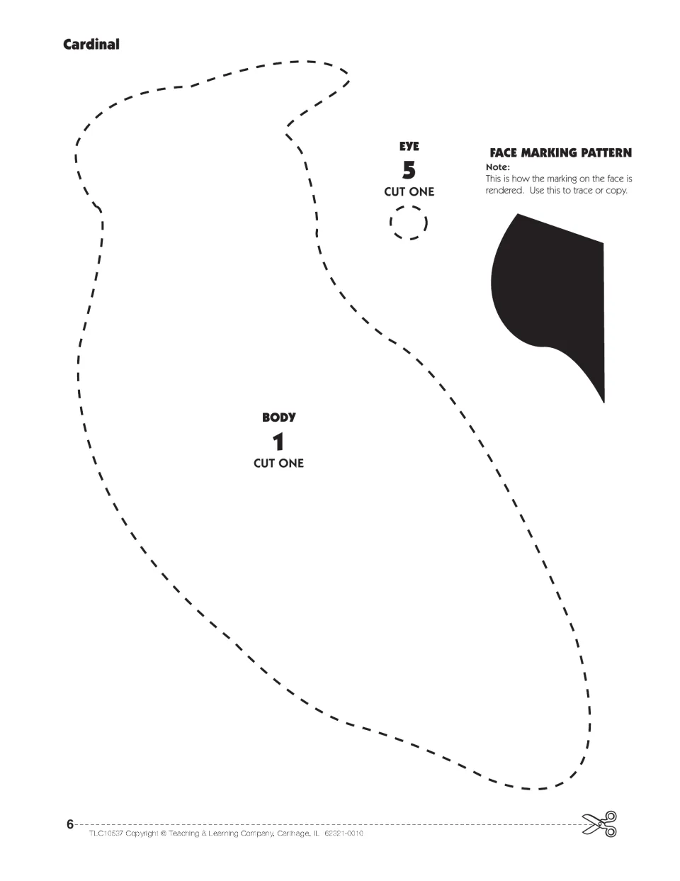 Cardinal patterns: dashed outlines of the #1 body and #5 eye for students to cut out, plus a face marking pattern to trace