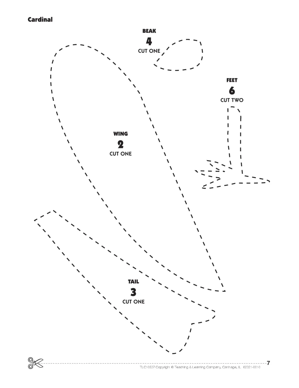 Cardinal patterns for cutting practice: dashed outlines of the #2 wing, #3 tail, #4 beak and #6 feet (cut two)