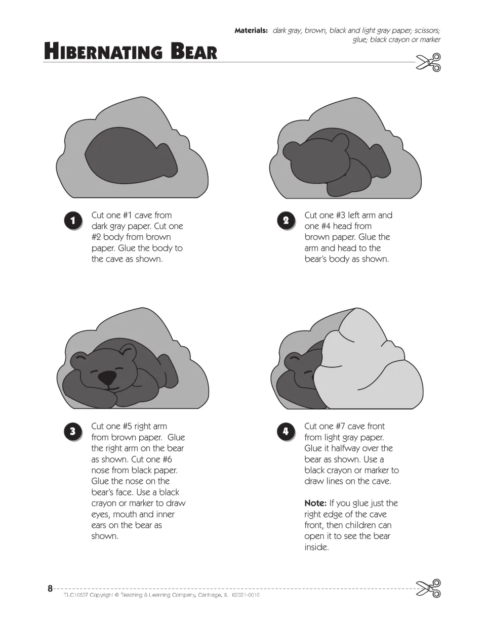 Hibernating Bear directions: students follow 4 steps to glue a brown bear into a gray cave and add a cave front flap