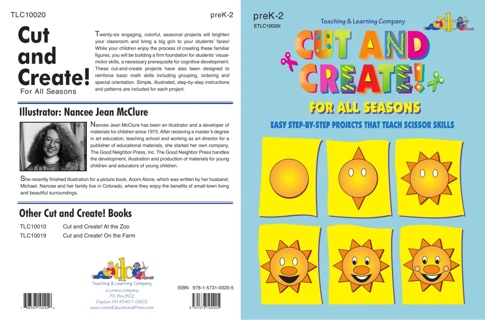 Cut and Create! For All Seasons covers: six suns built step by step on the front; back has a summary and illustrator bio