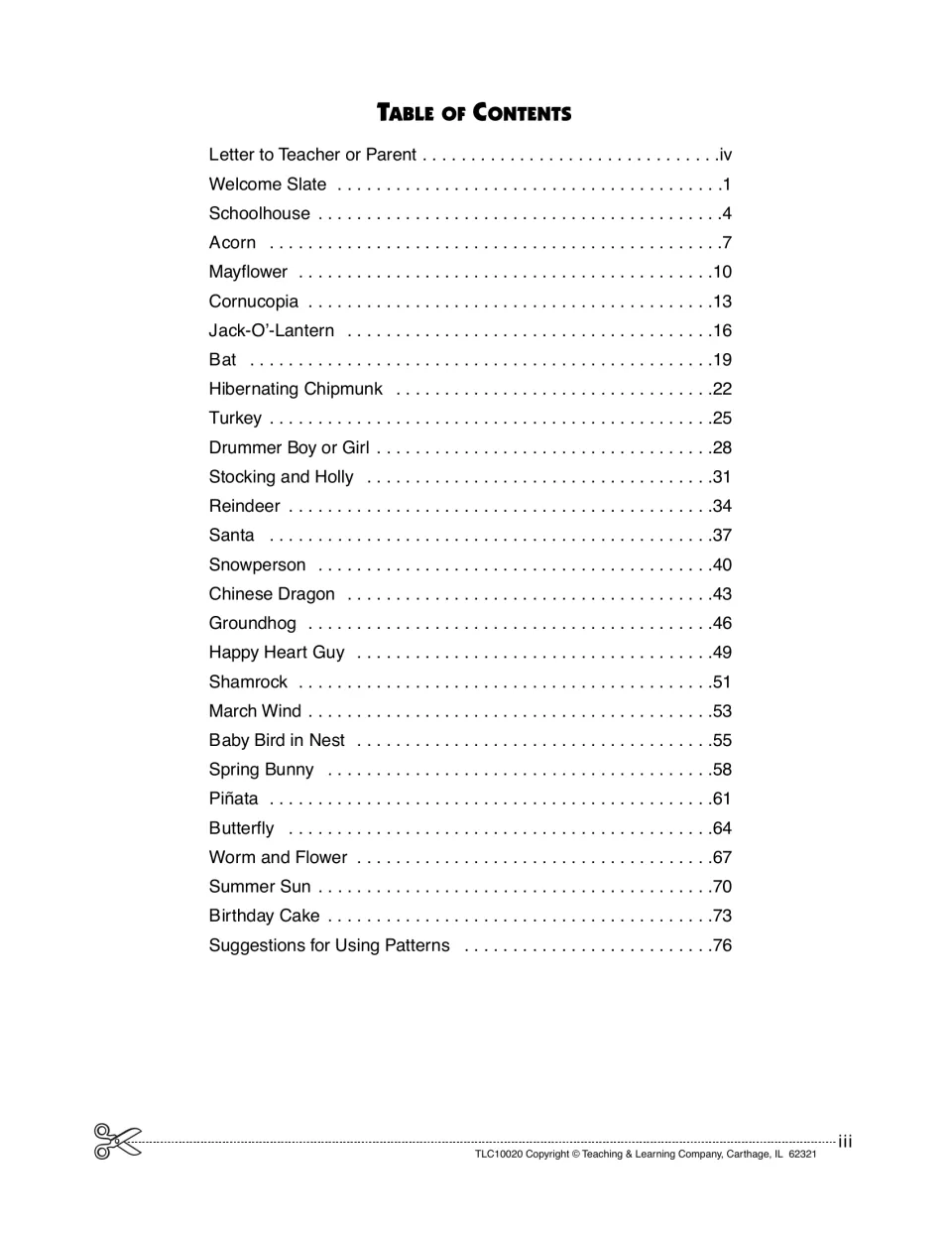 Table of contents listing 26 seasonal craft projects from Welcome Slate and Schoolhouse to Summer Sun and Birthday Cake