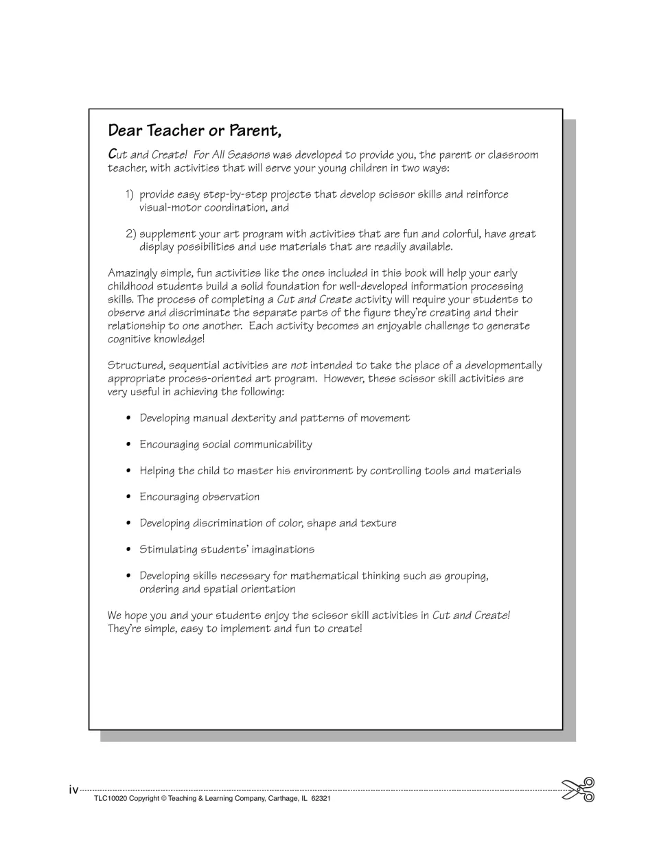 Letter to teacher or parent on the step-by-step scissor projects, listing aims like manual dexterity and observation