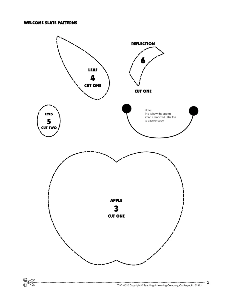 Welcome Slate cut-out pieces: apple, leaf, two eyes and reflection patterns, plus a sample of the apple's smile to copy