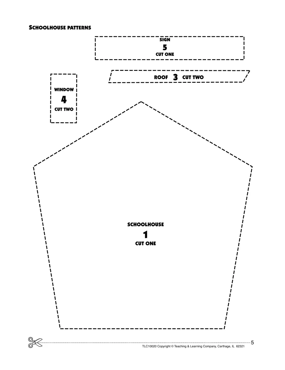 Schoolhouse cut-out pieces: patterns for the pentagon schoolhouse, two roofs, two windows and the sign, labeled by number