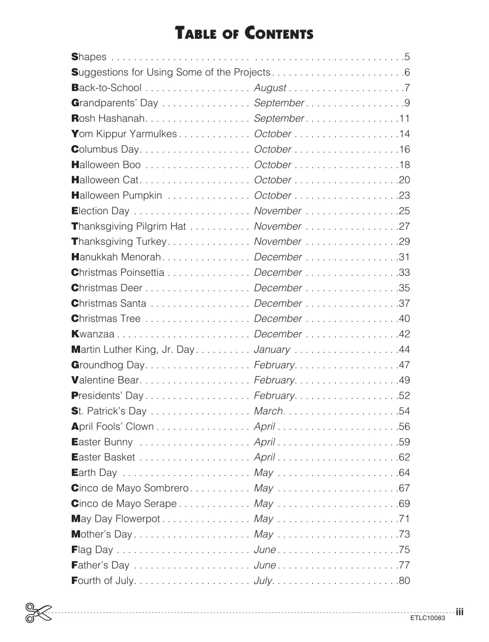 Table of contents listing holiday craft projects by month, from Back-to-School in August to Fourth of July