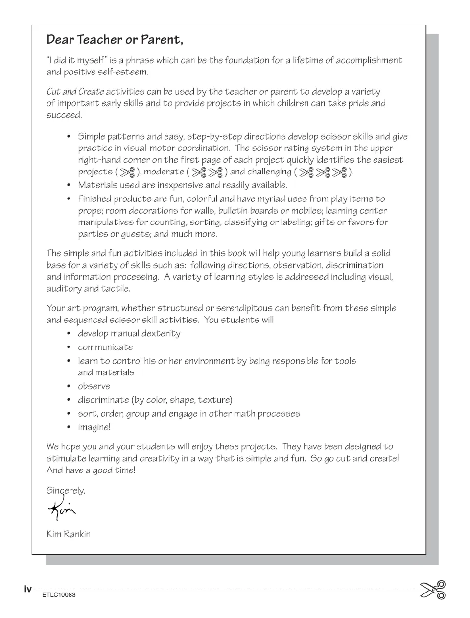 Letter to teachers and parents explaining the one-to-three scissor difficulty rating and uses for finished projects