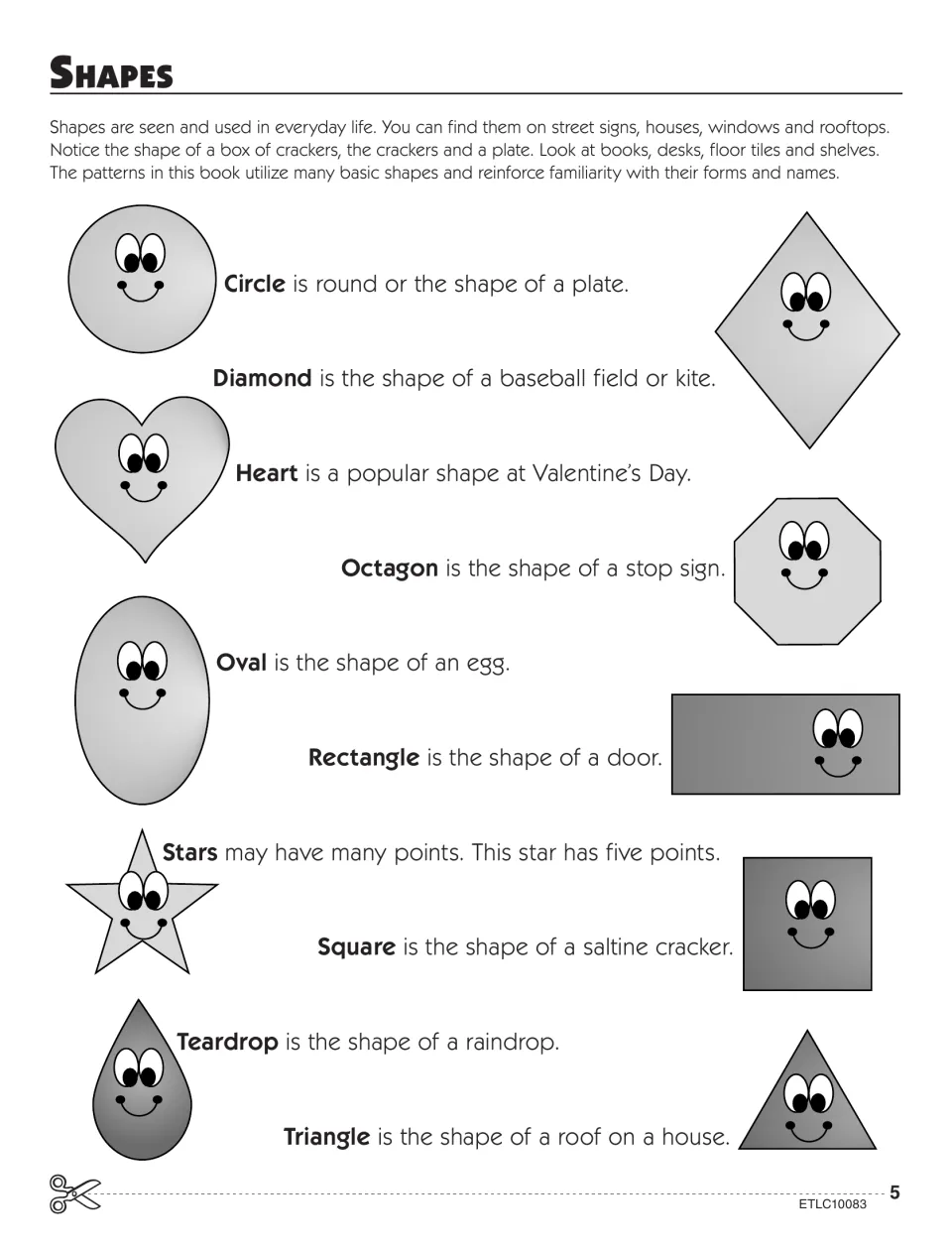 Shapes reference: circle, diamond, heart, octagon, oval, rectangle, star, square, teardrop and triangle with examples