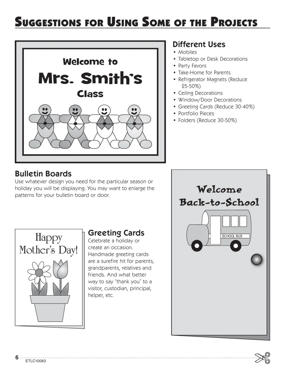 Ideas for using the crafts: a welcome bulletin board of paper people, a Mother's Day card and a back-to-school door