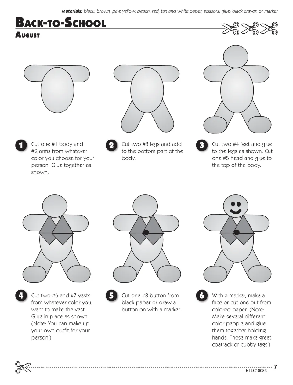 Back-to-School paper person: students follow six numbered steps to cut and glue body, legs, feet, head, vest and button