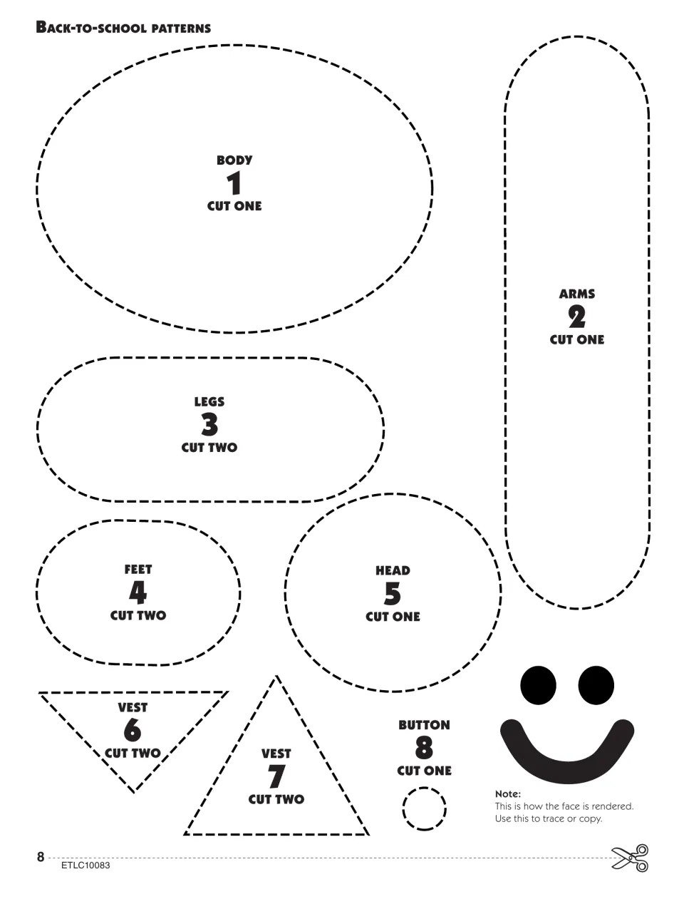 Back-to-school patterns: numbered pieces to trace and cut: body, arms, legs, feet, head, two vests and a button