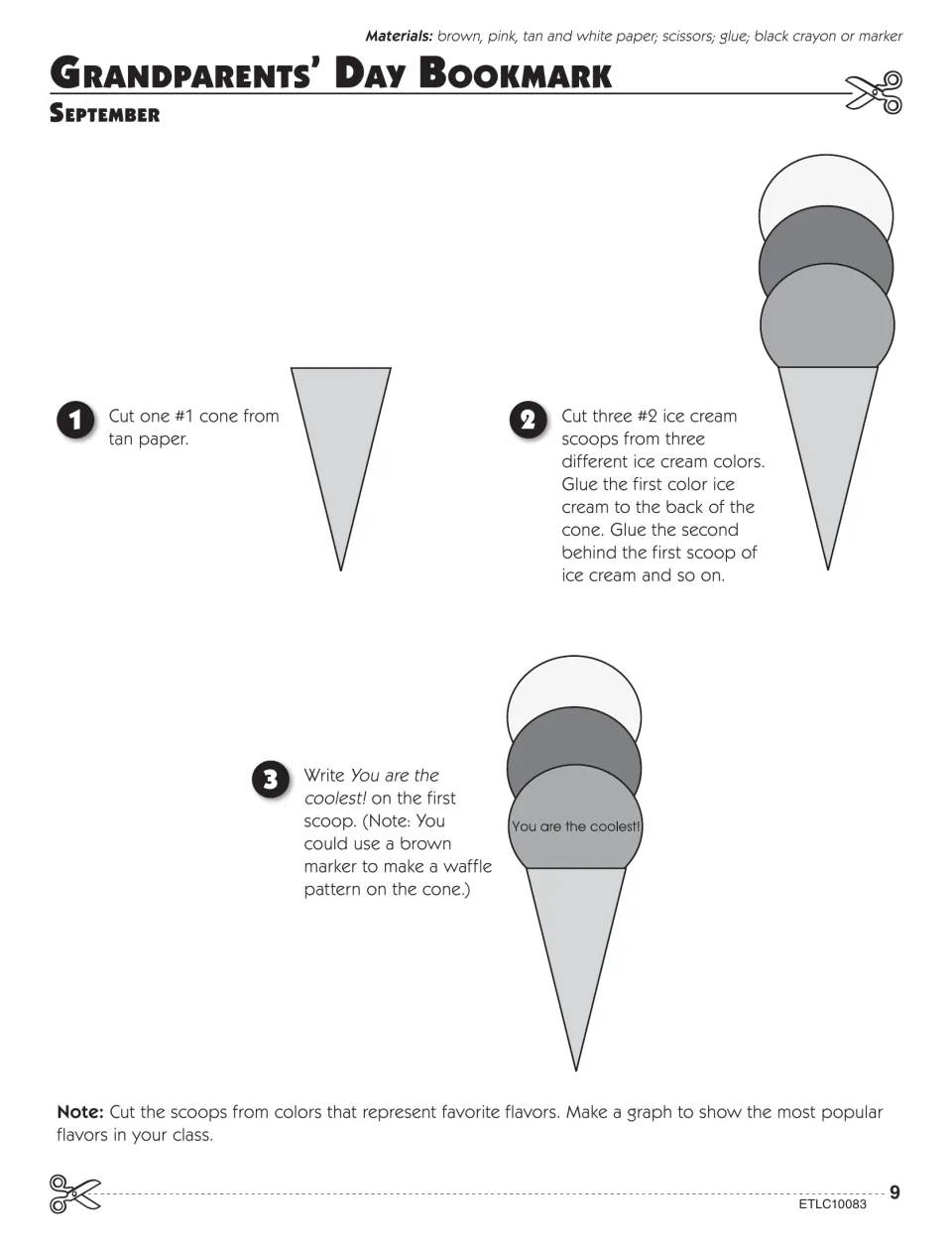 Grandparents' Day bookmark: students cut a cone and three ice cream scoops, glue them and write You are the coolest!