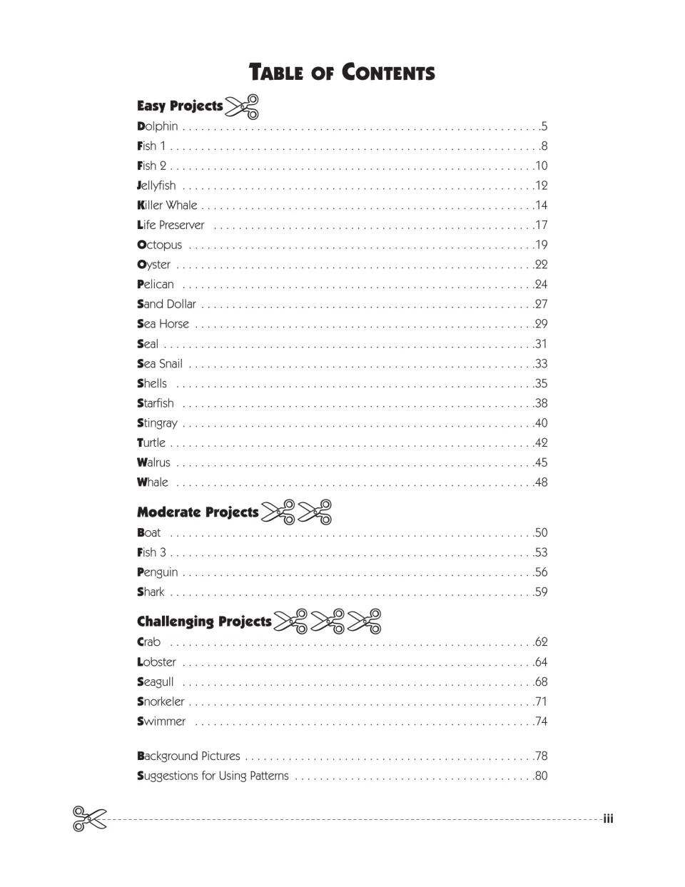 Table of contents listing easy, moderate and challenging cutting projects from Dolphin to Swimmer, plus backgrounds