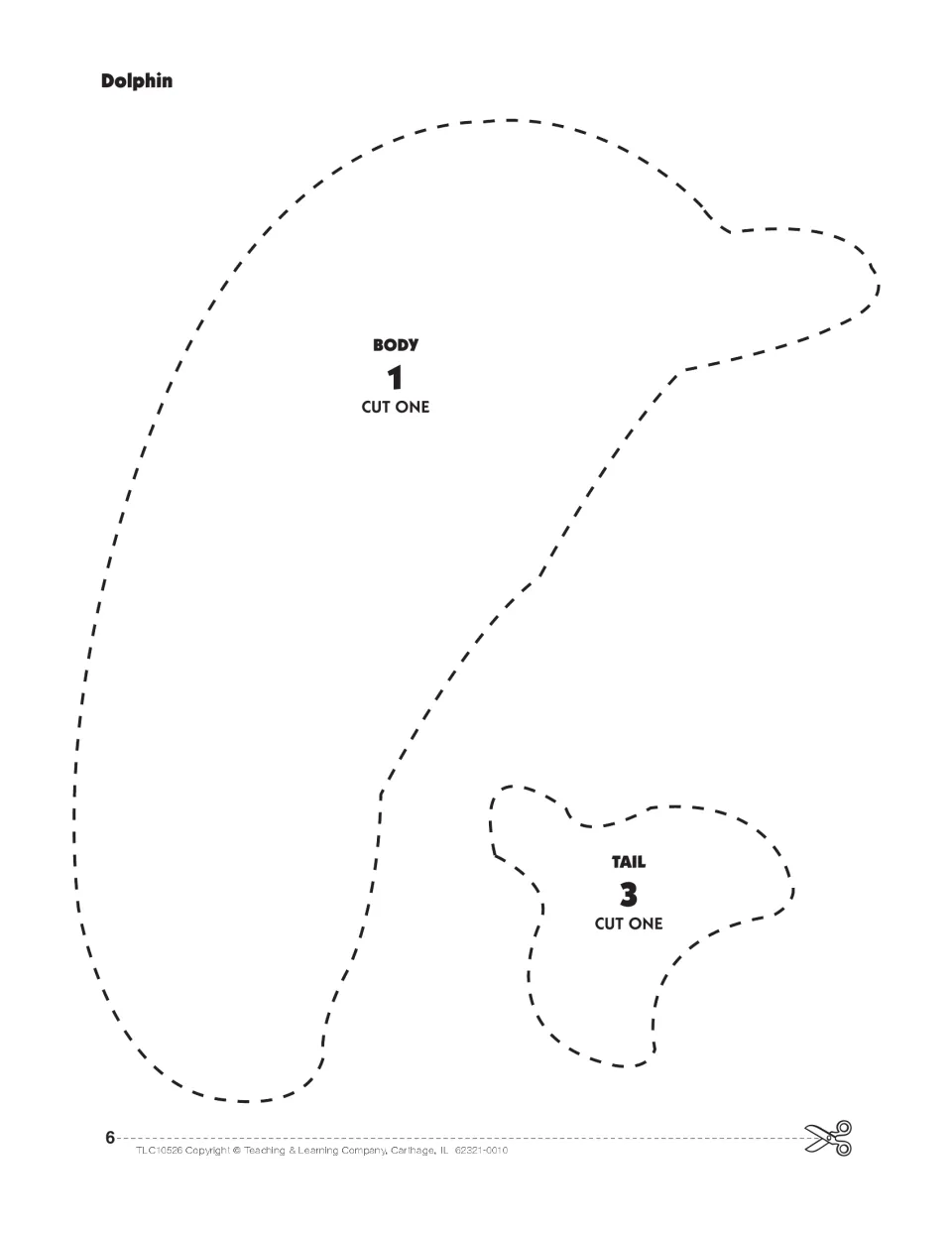 Dolphin cut-out pieces: patterns for the #1 body and #3 tail, each marked cut one, for students to cut out and glue