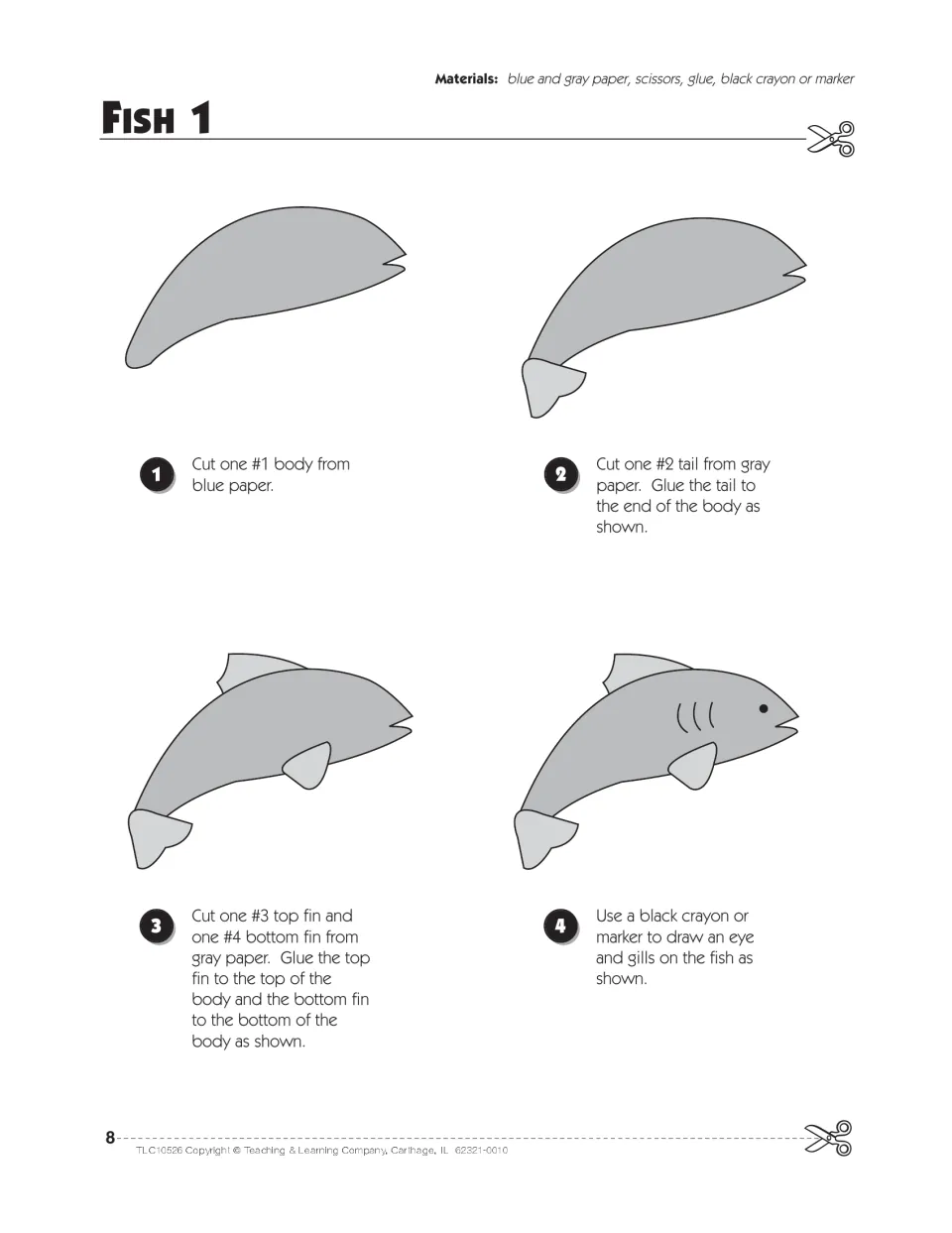 Fish 1 directions: students cut a blue body and gray tail and fins, glue them on, then draw an eye and gills in 4 steps