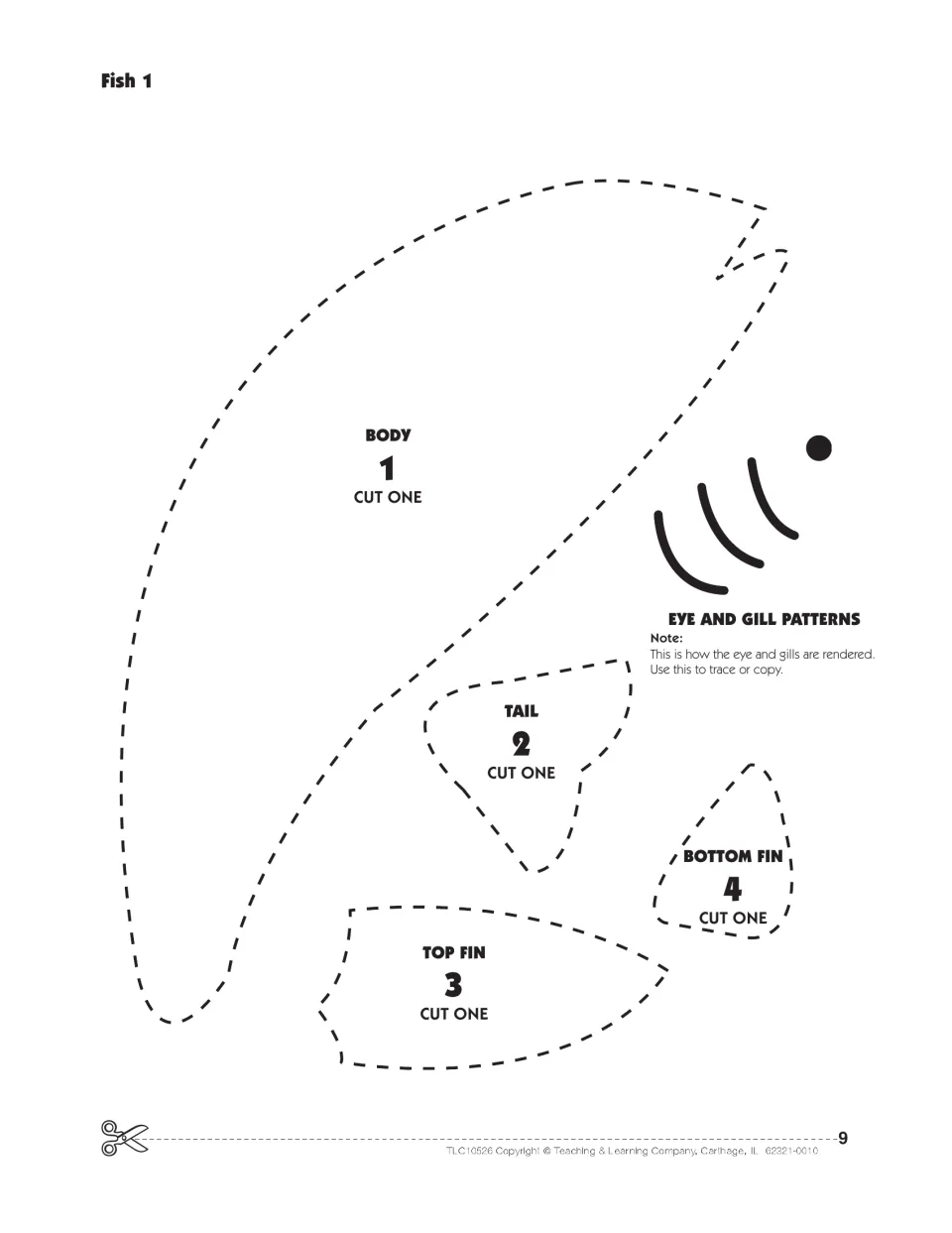 Fish 1 cut-out pieces: body, tail, top fin and bottom fin patterns to cut, with eye and gill patterns to trace or copy