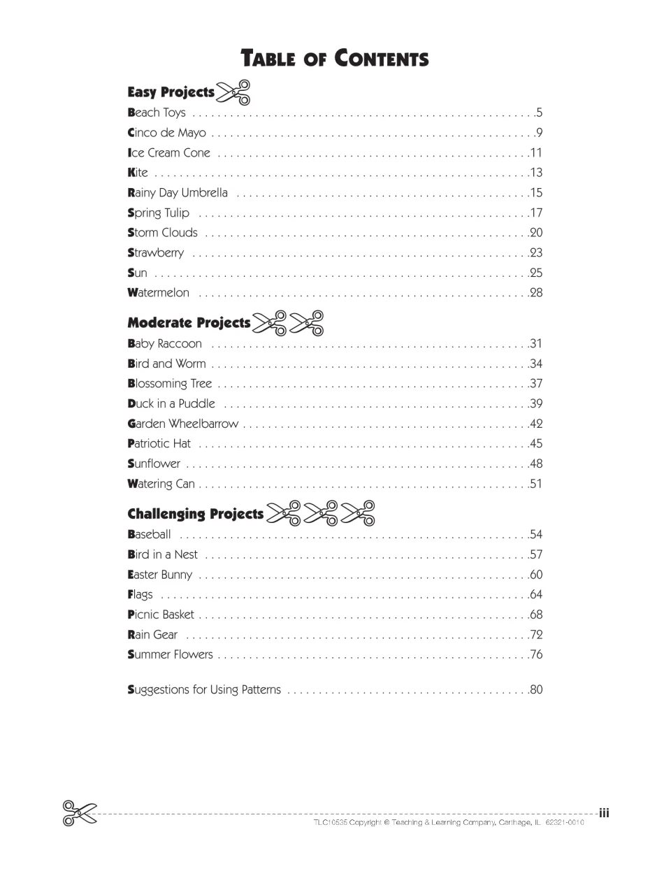Contents listing easy, moderate and challenging cutting projects, from Beach Toys and Kite to Picnic Basket and Rain Gear