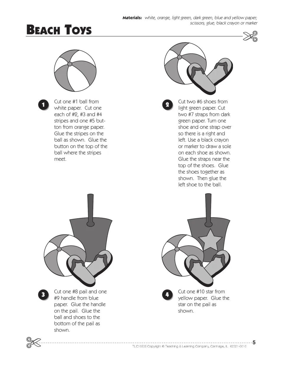 Beach Toys directions: students cut and glue a striped ball, flip-flops, a pail with handle and a star in four steps