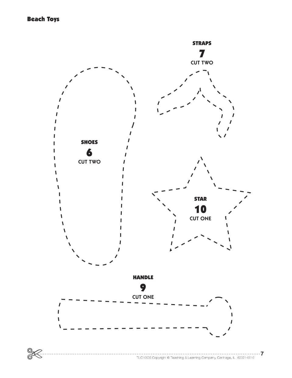 Beach Toys pattern pieces for cutting: flip-flop shoes #6 and straps #7 cut two each, plus pail handle #9 and star #10