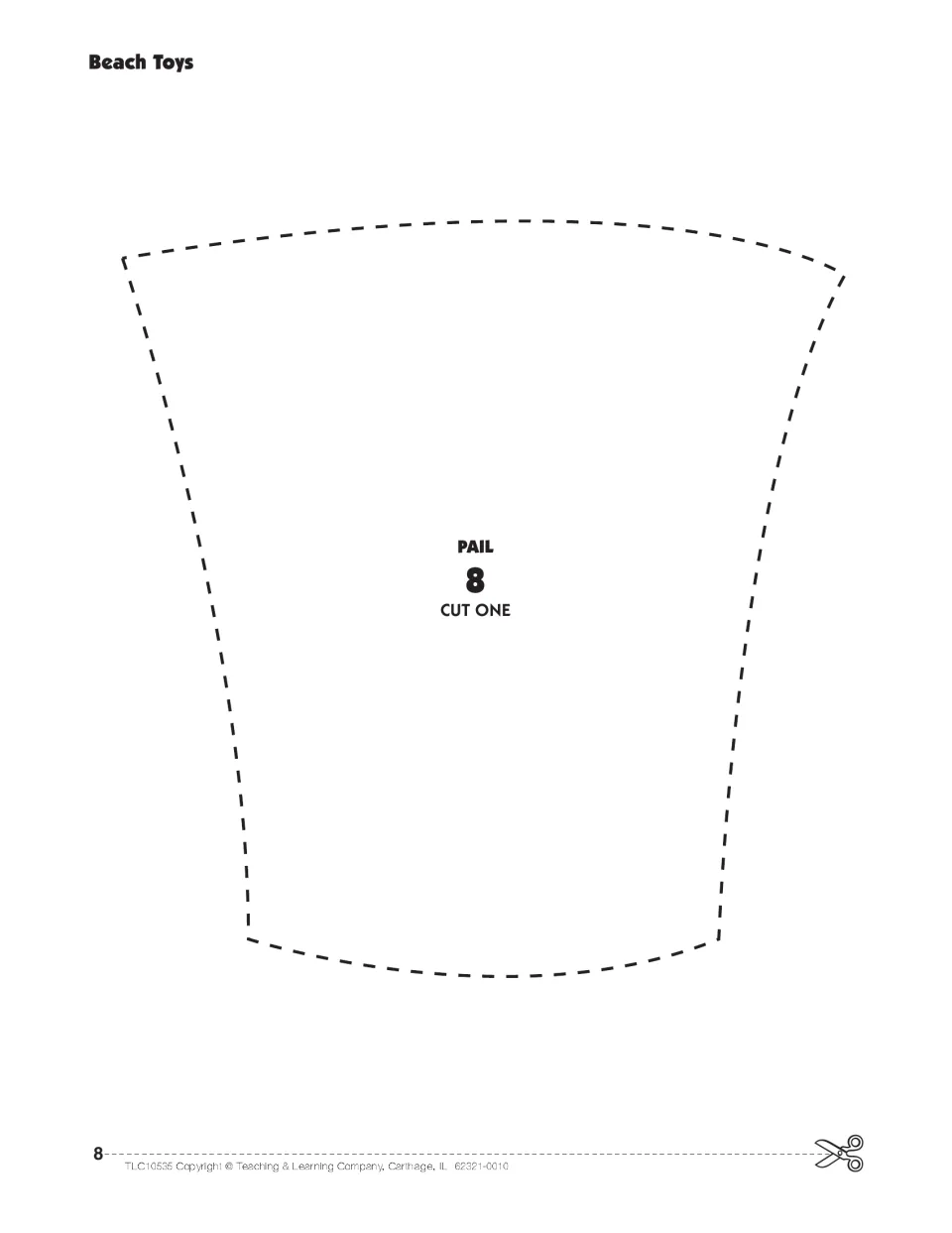Beach Toys pattern: one large pail shape, piece #8, for students to cut out along the dashed outline