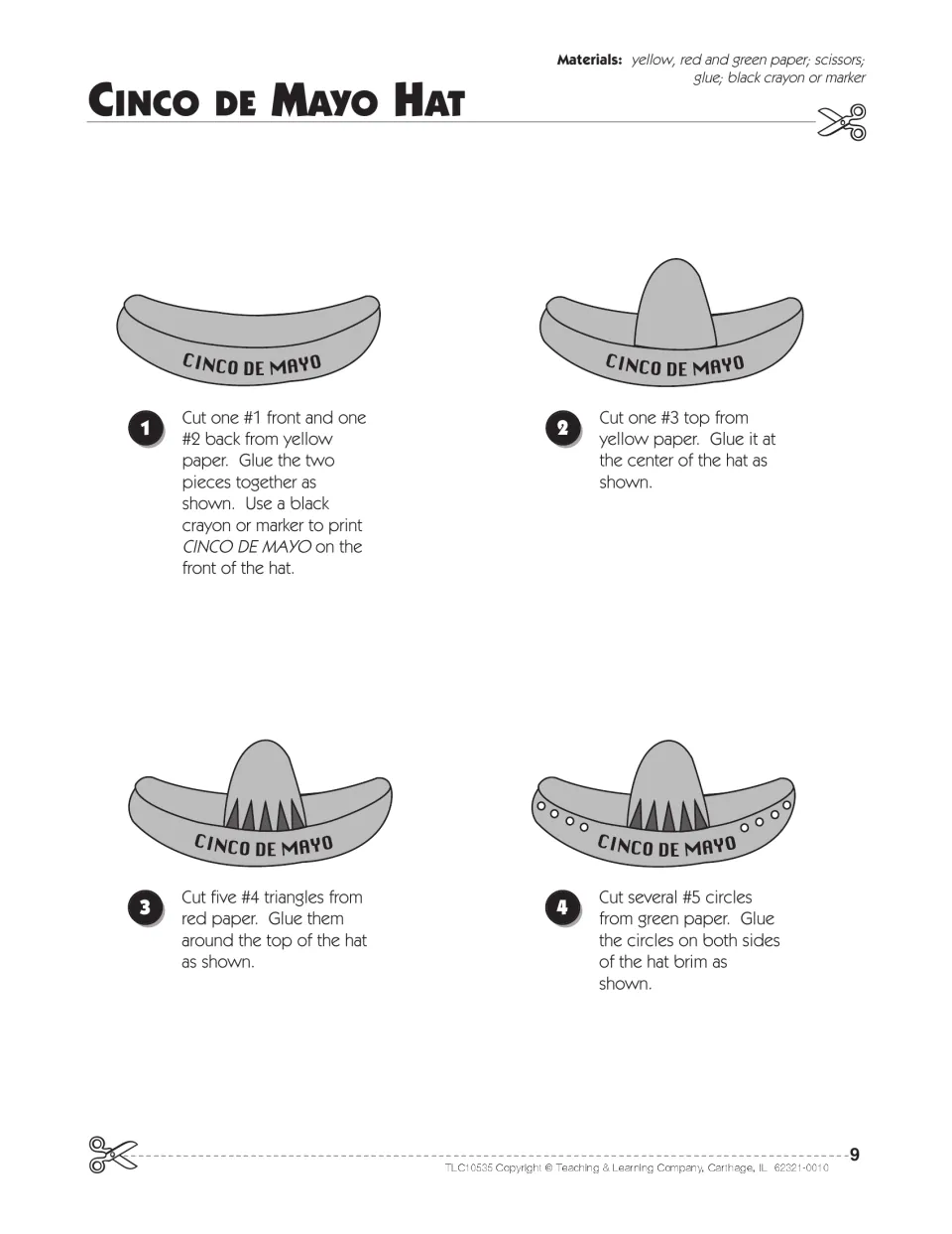 Cinco de Mayo Hat directions: students glue a yellow brim and top, then add red triangles and green circles in four steps
