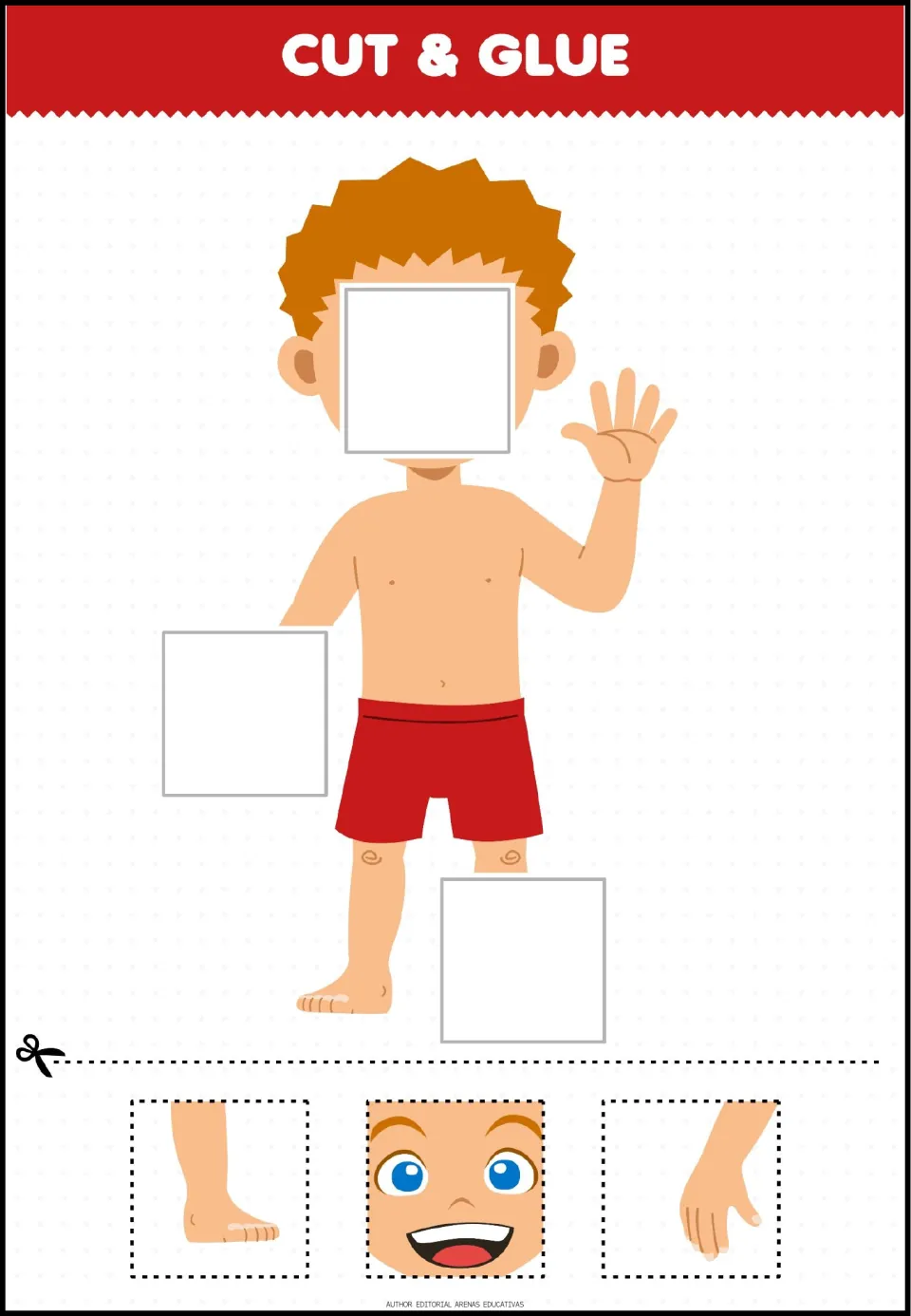 Body parts cut and glue: students cut out a face, hand and foot to complete a boy in red shorts