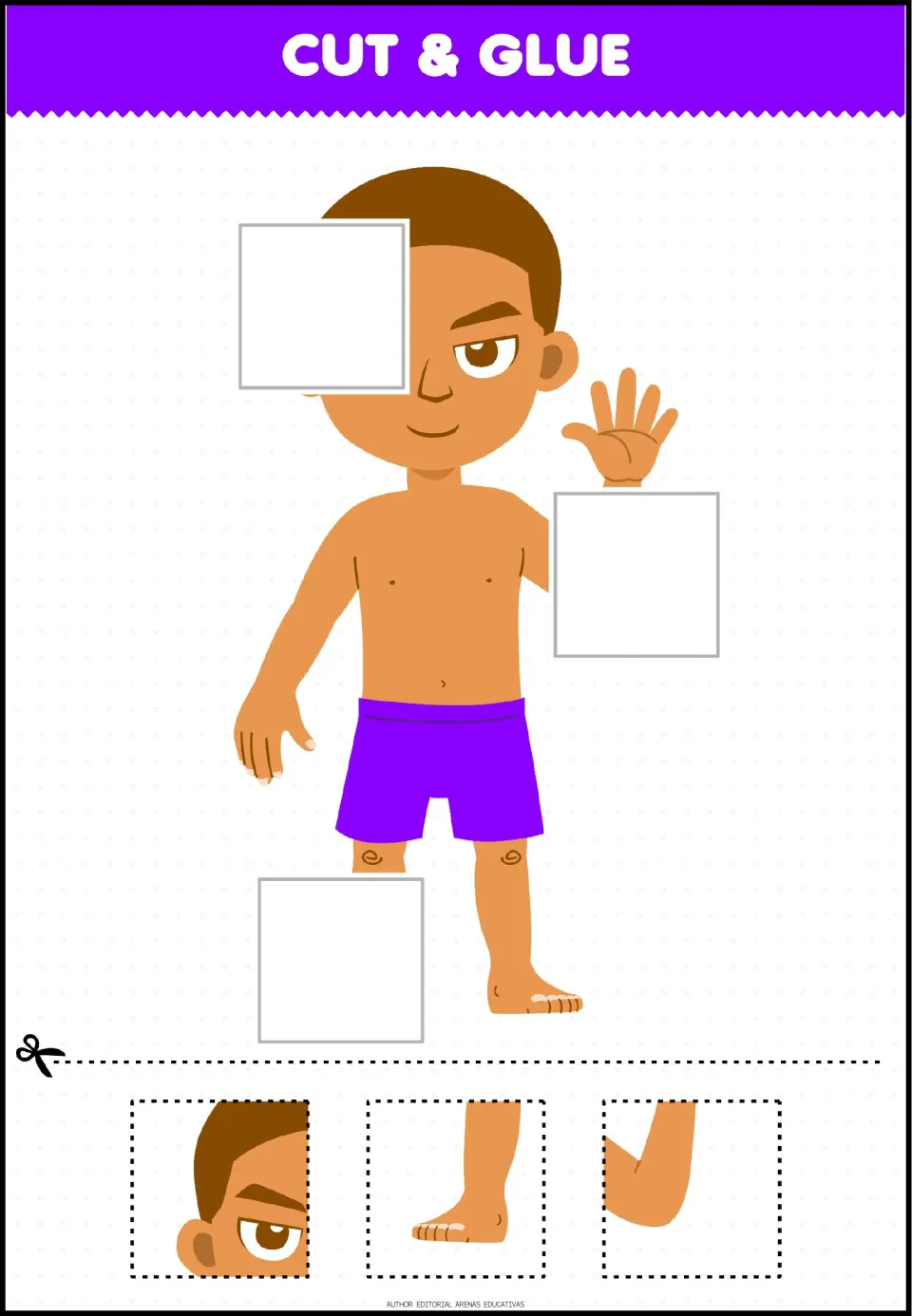 Body parts matching: students cut out half a face, a foot and a bent arm to finish a boy in purple shorts