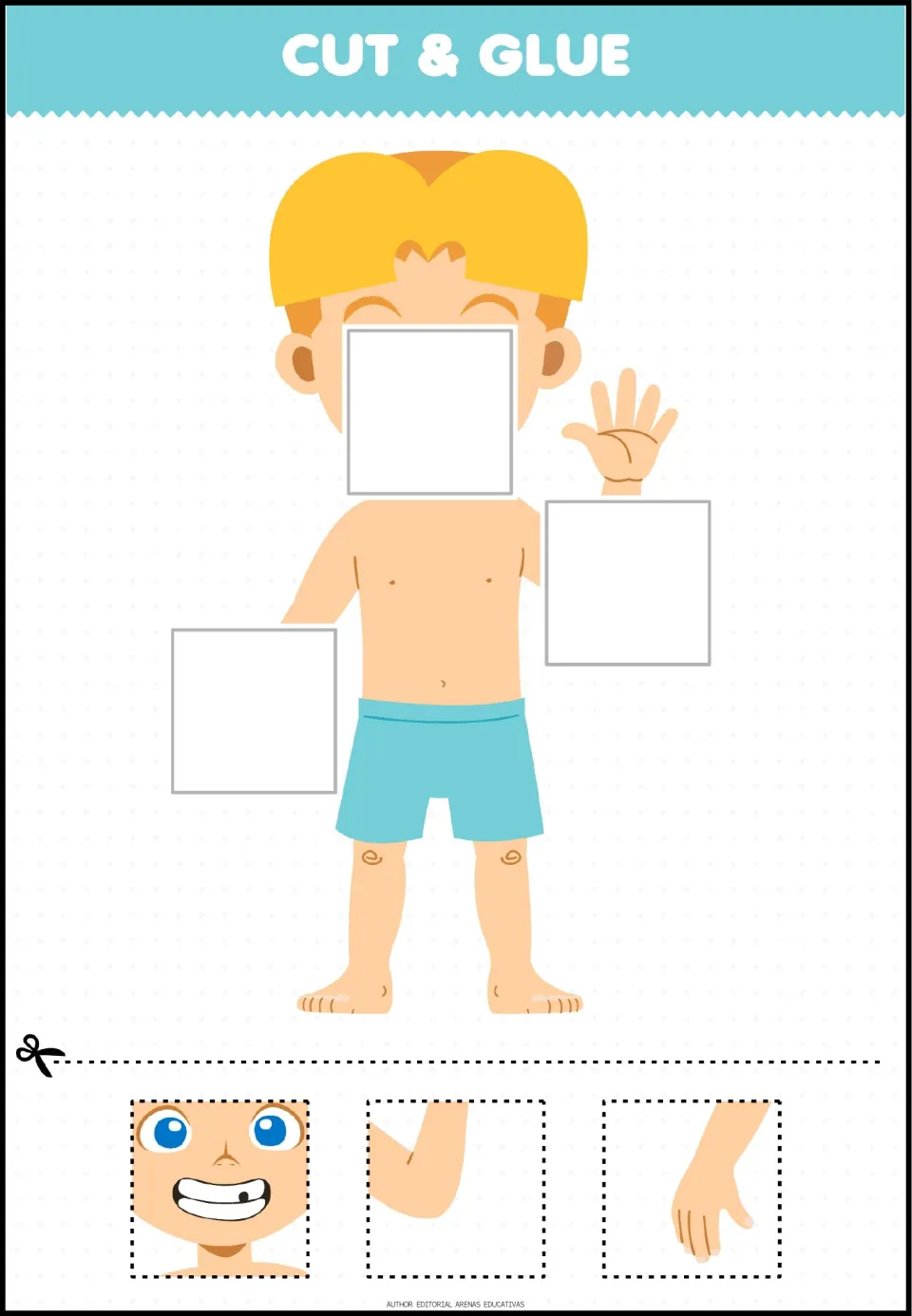 Completing a figure: students cut out a grinning face, an elbow and a hand and glue them onto a blond boy in teal shorts