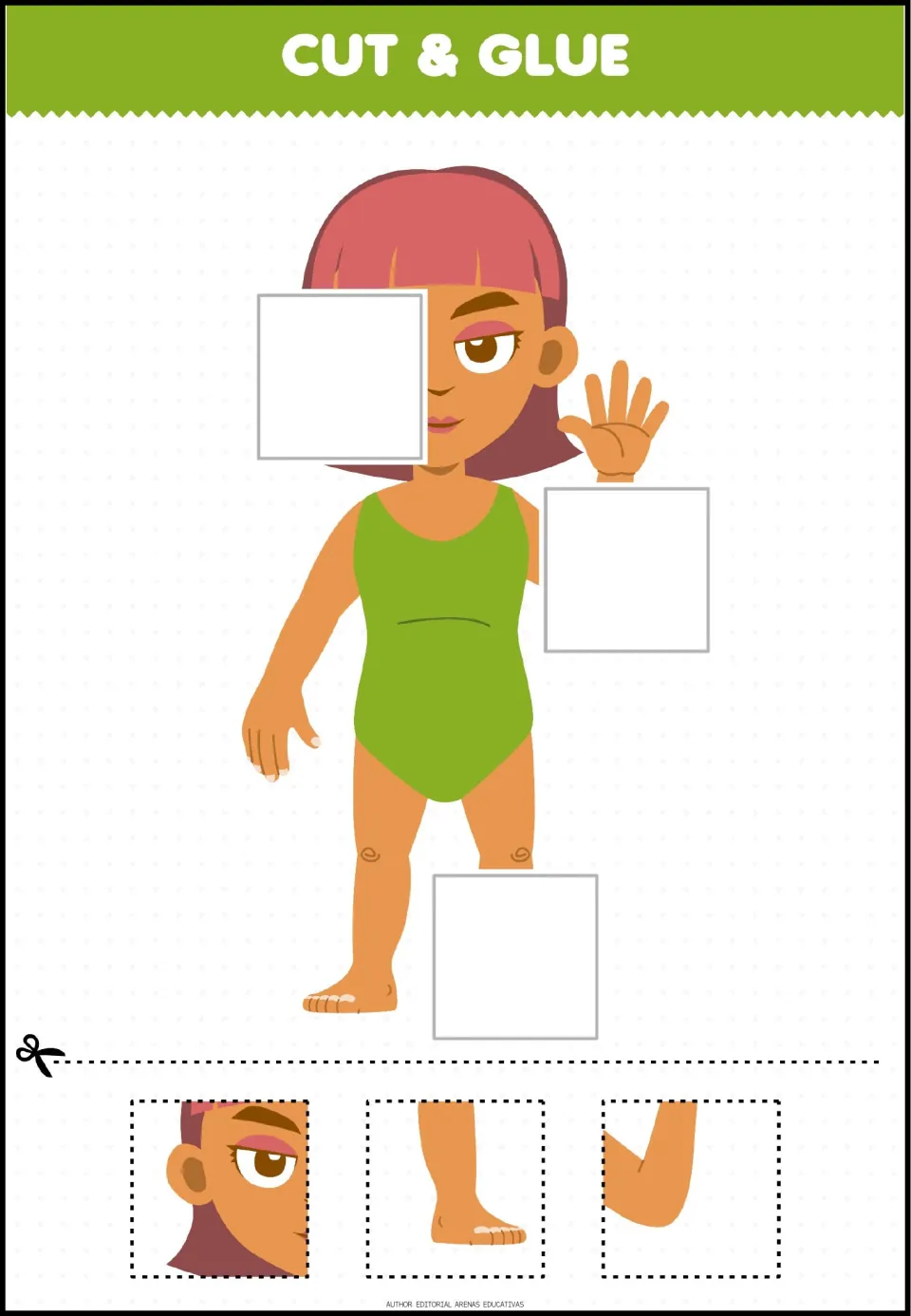 Body parts puzzle: students glue half a face, a leg with foot and a bent arm onto a girl in a green swimsuit