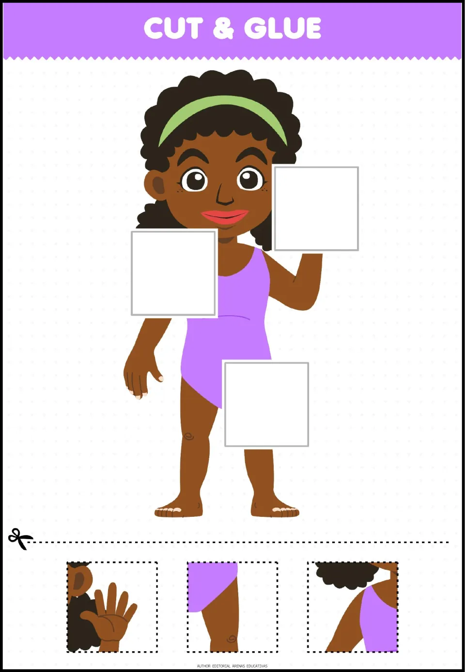 Spatial matching: students match pieces showing a waving hand, a shoulder and a hip to a girl in a lavender swimsuit