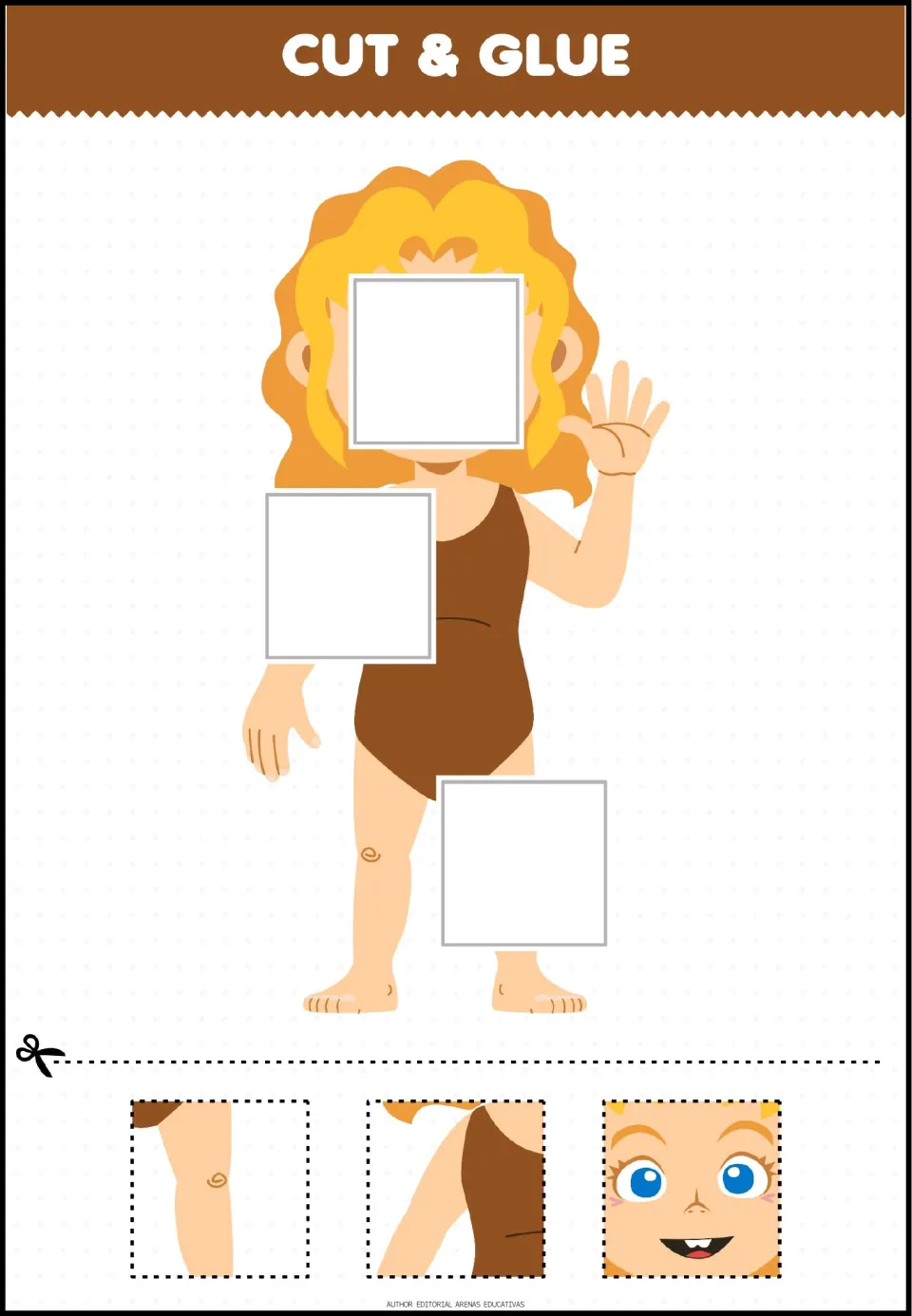 Spatial reasoning: students cut out a smiling face, a shoulder and a knee piece to complete a girl in a brown swimsuit