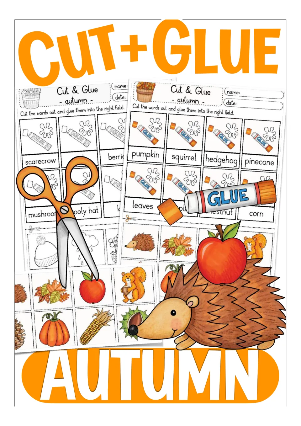 Cut + Glue Autumn cover showing sample word-matching sheets, scissors, a glue stick, a hedgehog, an apple and a squirrel
