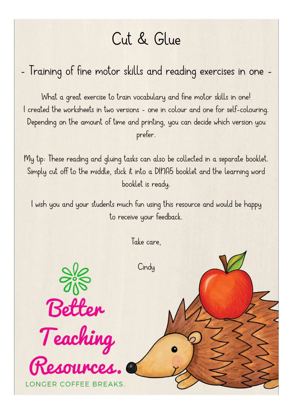 Teacher note on the colour and self-colouring versions, with a tip to paste the tasks into an A5 word booklet