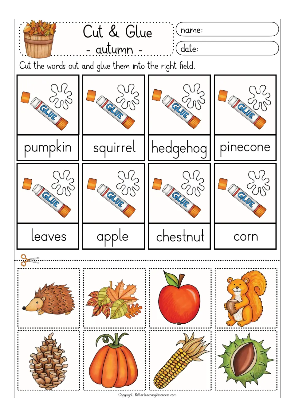 Autumn word-picture matching in colour: students cut out 8 pictures and glue each above its word, from pumpkin to corn