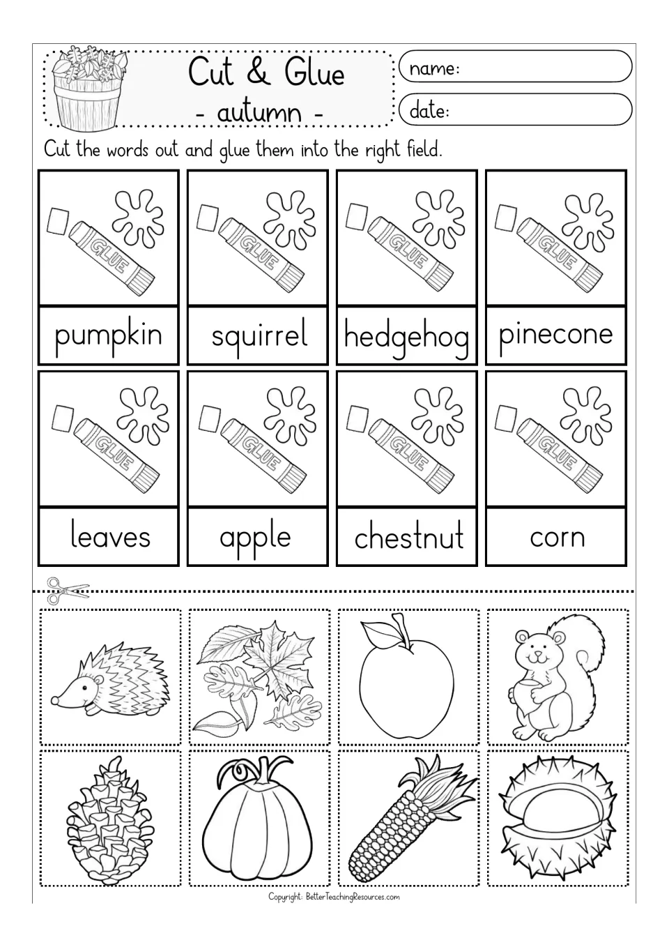 Black-and-white autumn matching: students cut out pinecone, leaves, apple and chestnut pictures to glue above the words