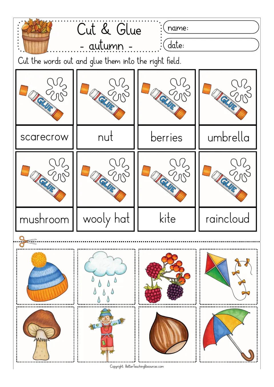 Autumn vocabulary in colour: students cut out scarecrow, berries, kite and umbrella pictures and glue each to its word