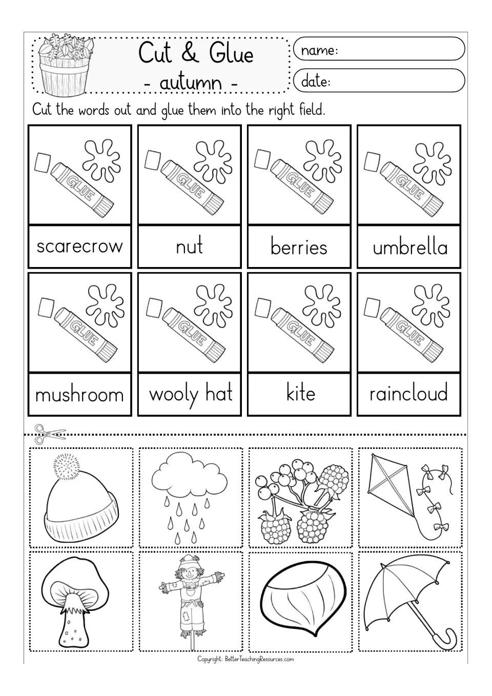 Black-line autumn word match: students cut out mushroom, wooly hat, nut and raincloud pictures and glue each to its word