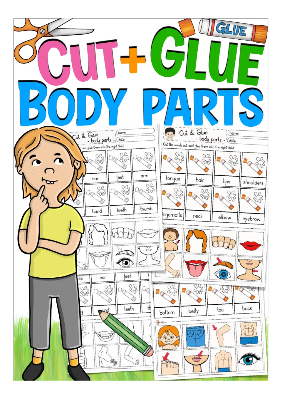 Cut + Glue Body Parts cover showing sample color and black-and-white pages matching body-part pictures to words