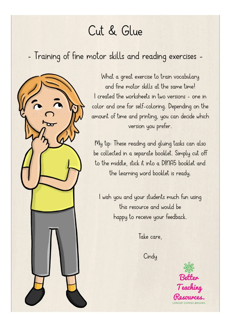 Teacher note: the cut-and-glue reading pages come in color and self-coloring versions, with a tip to make an A5 booklet