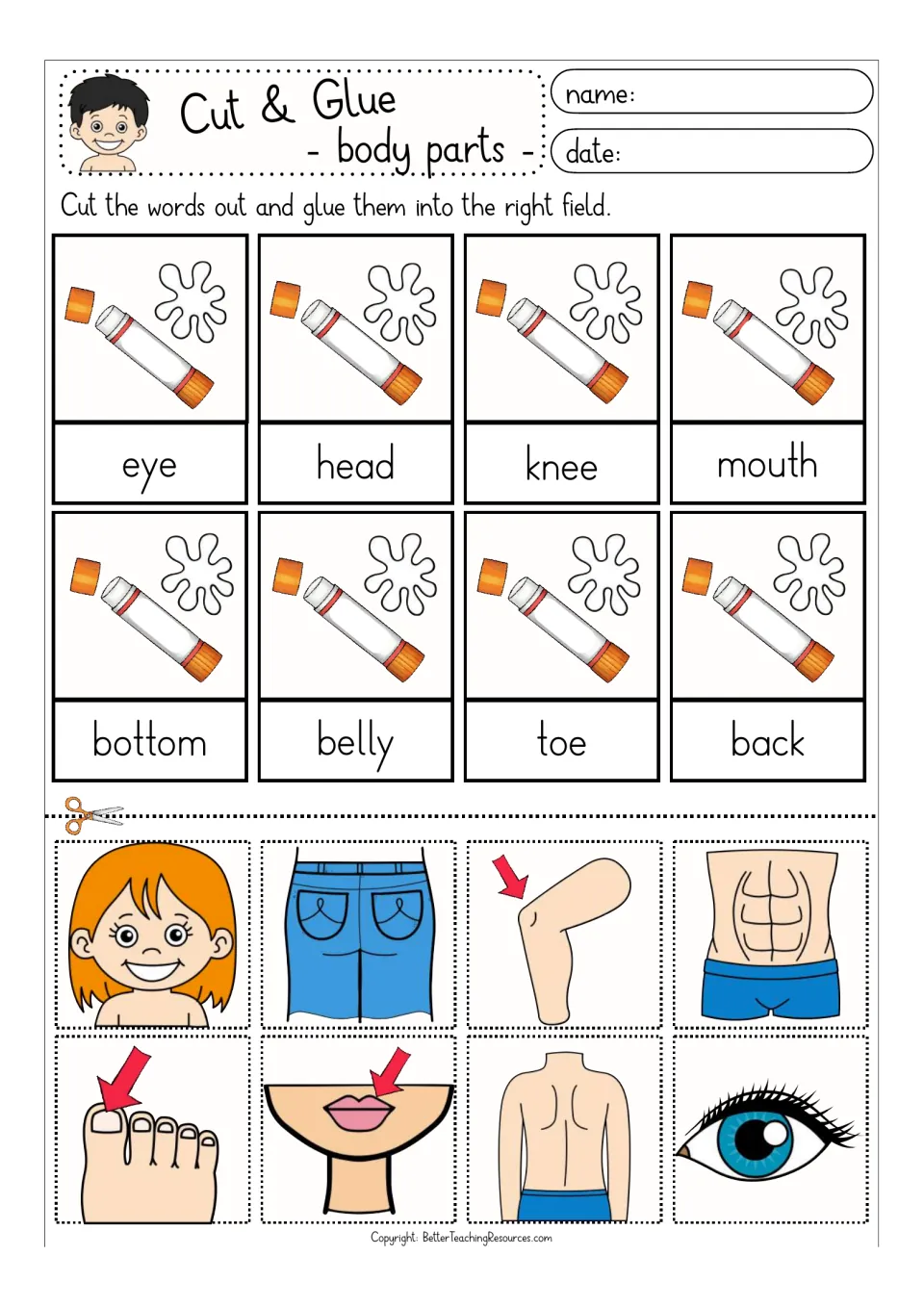 Body parts in color: students cut out 8 pictures and glue each above eye, head, knee, mouth, bottom, belly, toe, back