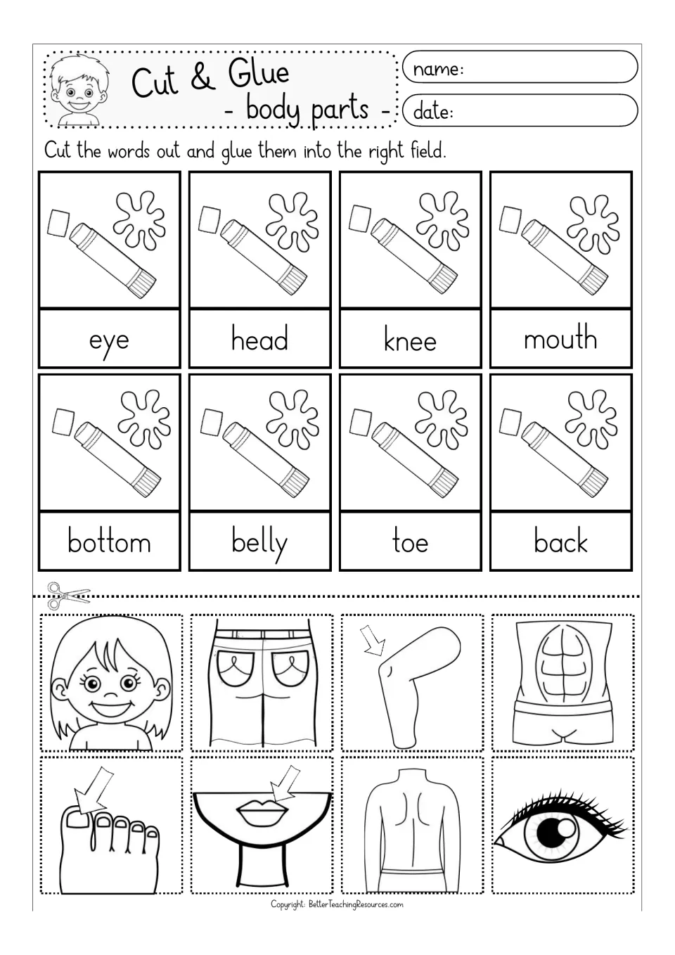 Body parts to color: students cut out 8 line drawings and glue each above eye, head, knee, mouth, bottom, belly, toe, back