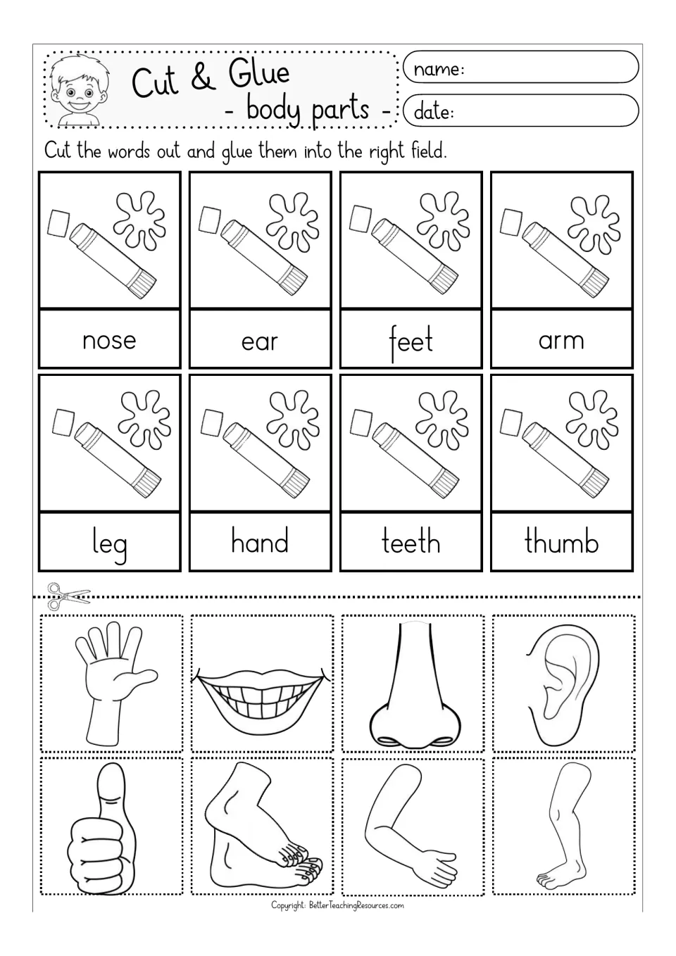 Body parts to color: students cut out 8 line drawings and glue each above nose, ear, feet, arm, leg, hand, teeth, thumb