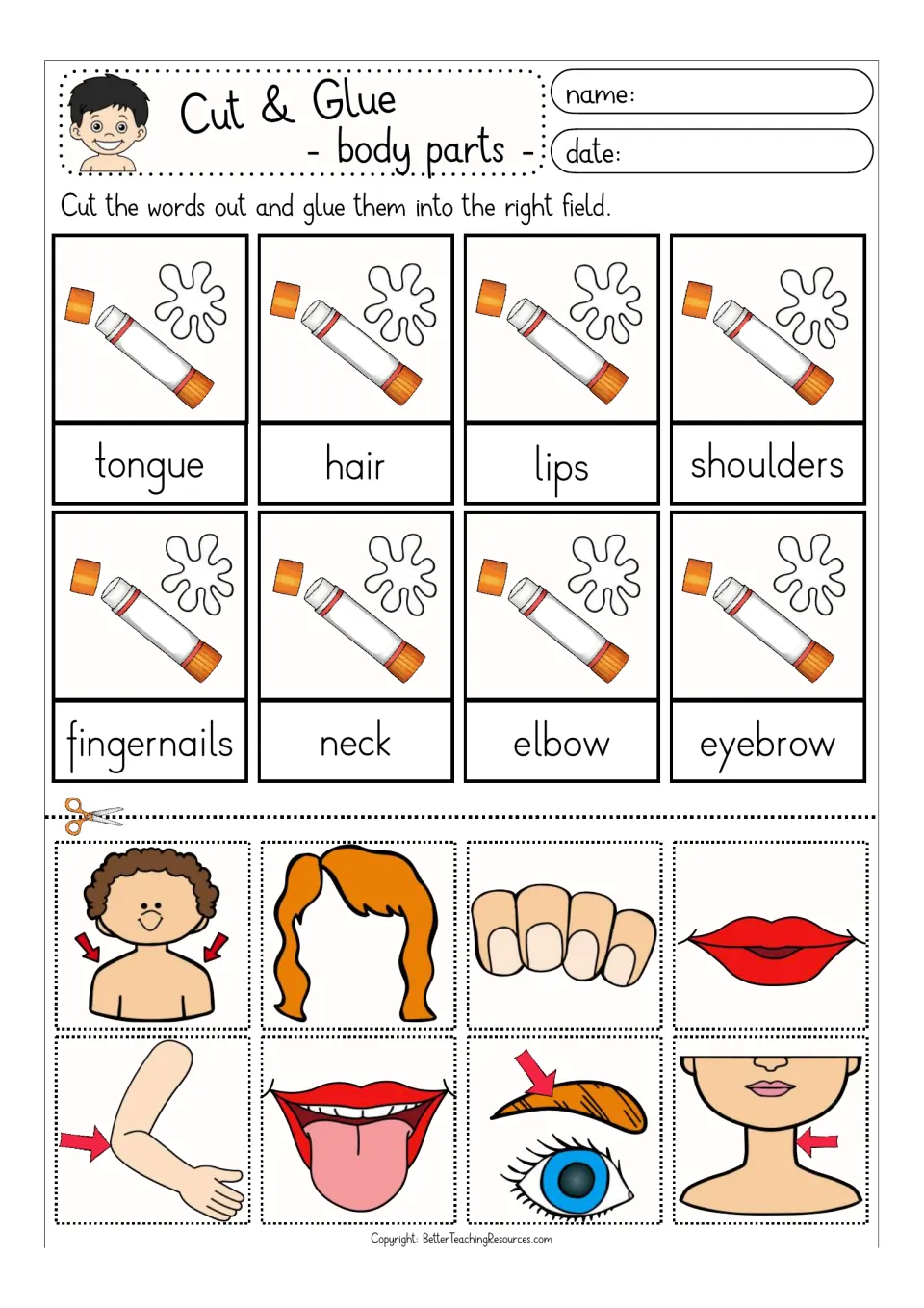 Body parts in color: cut out 8 pictures and glue above tongue, hair, lips, shoulders, fingernails, neck, elbow, eyebrow