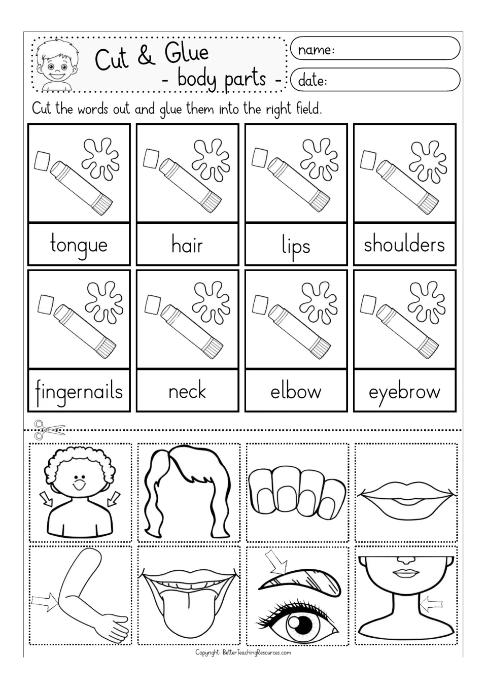 Body parts to color: cut out 8 line drawings and glue above tongue, hair, lips, shoulders, fingernails, neck, elbow, eyebrow
