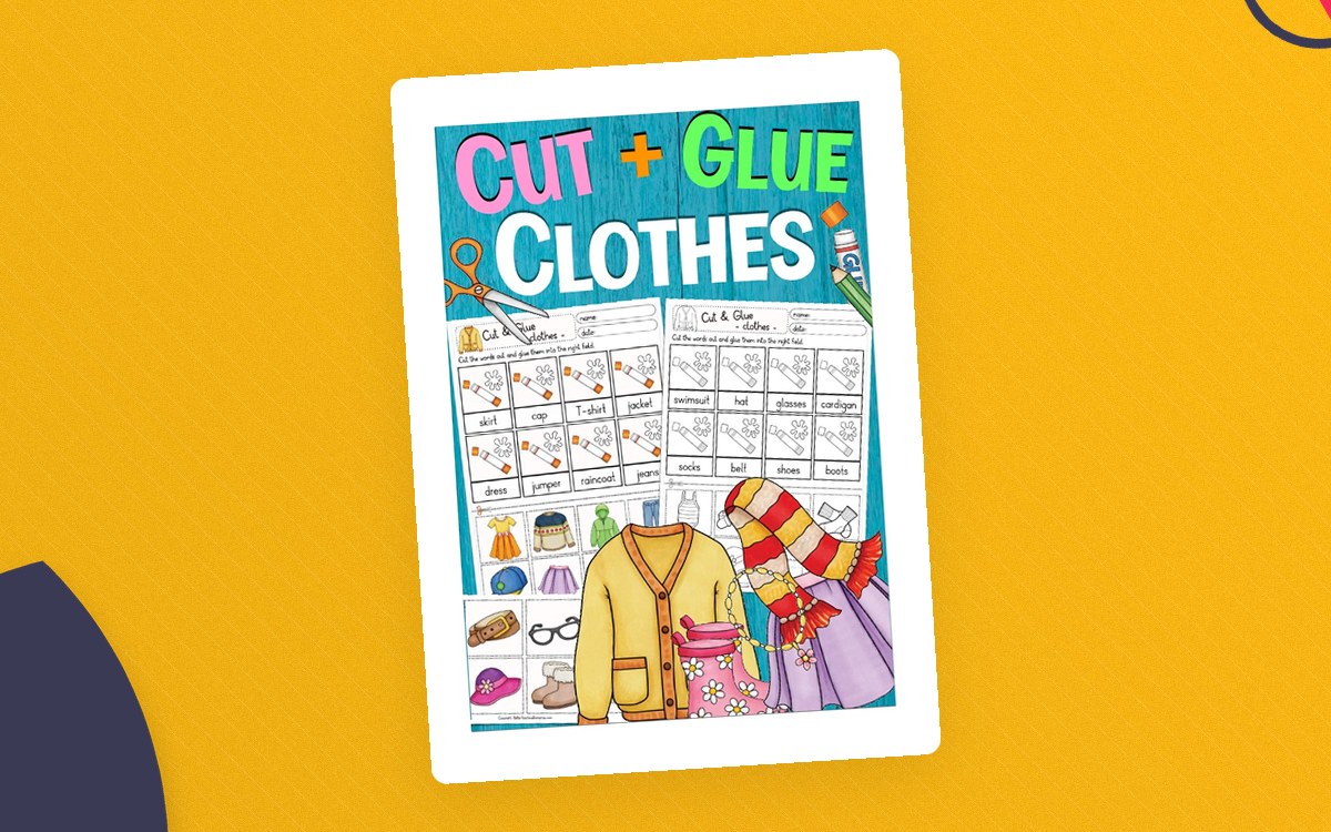 Cut and Glue Clothes activity cover with clothing illustrations, vocabulary grid, scissors, and glue bottle.