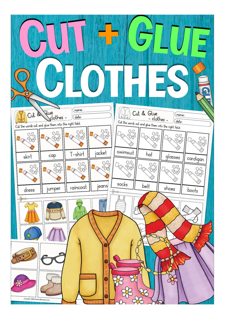 Clothes vocabulary cover: cut-and-glue matching pages in color and black and white, with pictures such as a jumper and cap