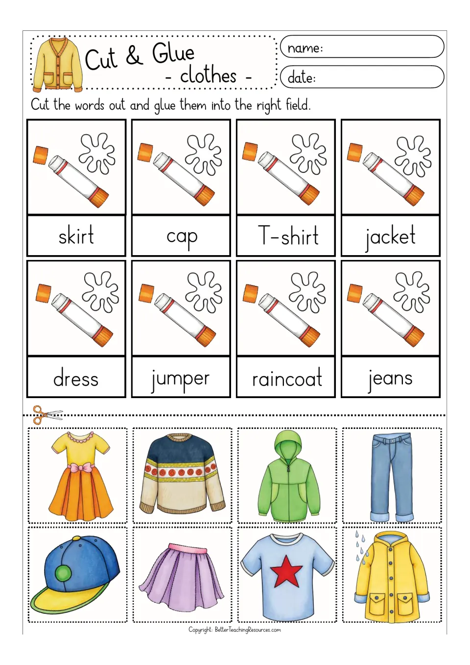 Clothes vocabulary in color: students cut out 8 pictures, such as a dress, cap and raincoat, and glue each above its word