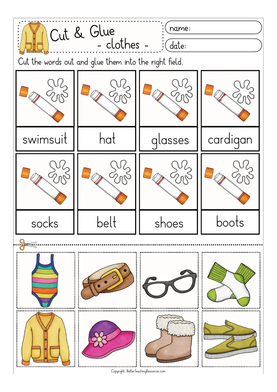 Color clothes set 2: students match cut-out pictures to swimsuit, hat, glasses, cardigan, socks, belt, shoes and boots