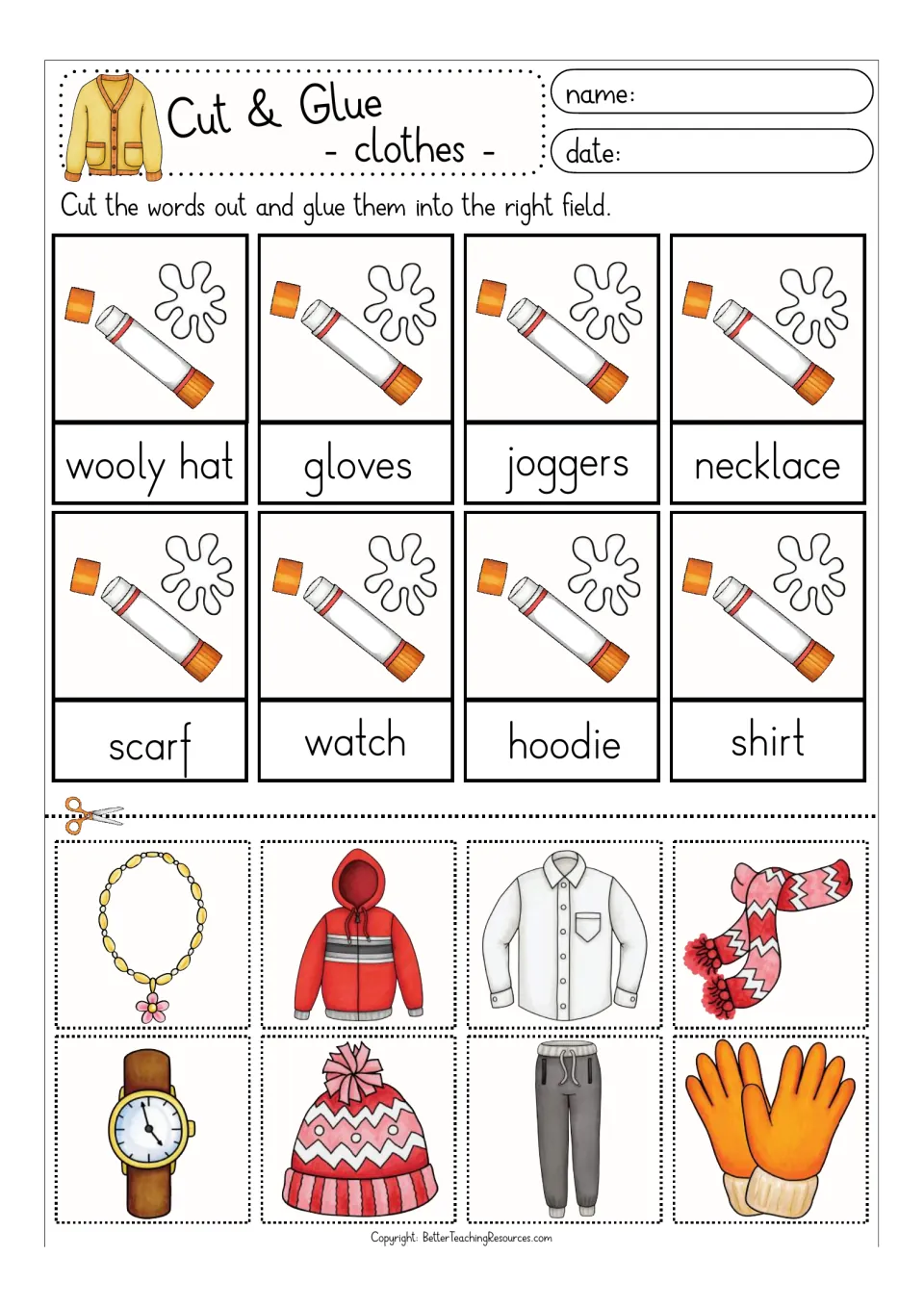 Color clothes set 3: students glue pictures above wooly hat, gloves, joggers, necklace, scarf, watch, hoodie and shirt