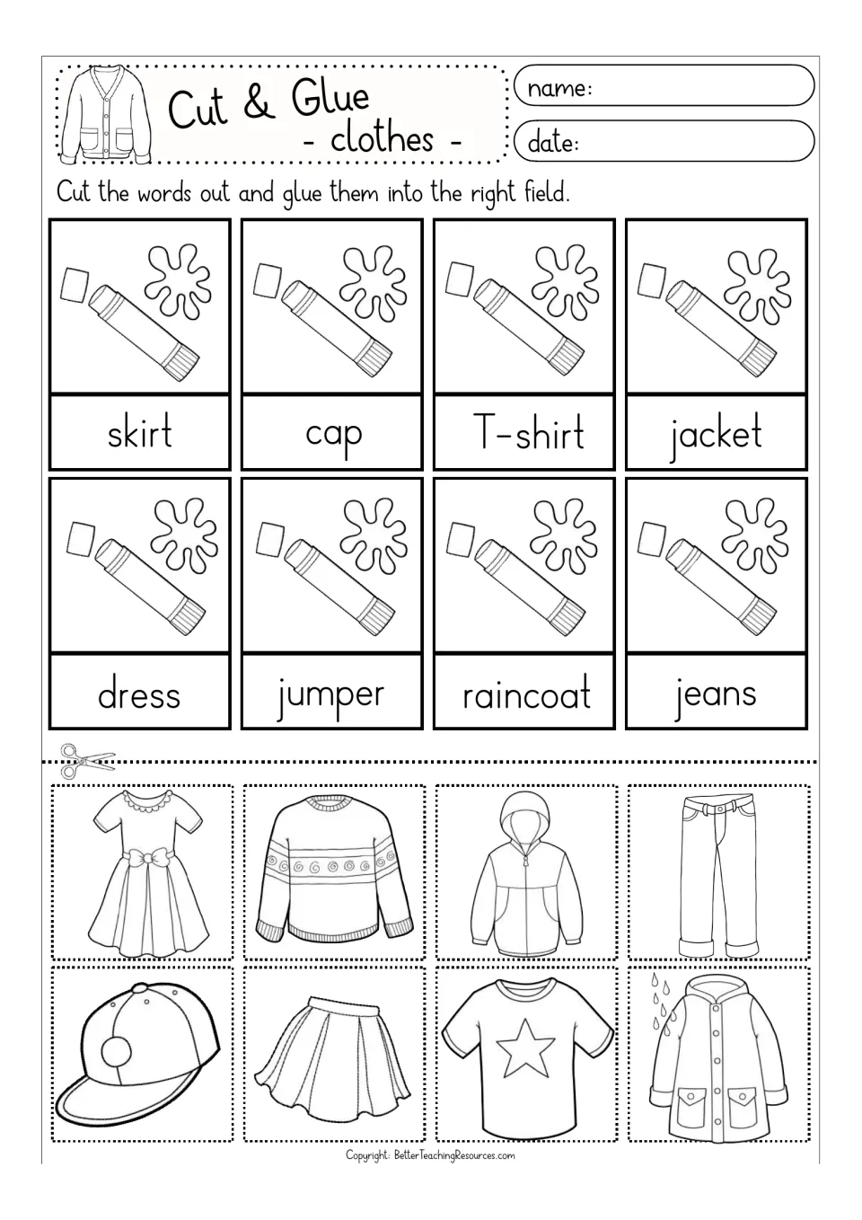 Coloring version of set 1: students glue pictures of a skirt, cap, T-shirt, jacket, dress, jumper, raincoat and jeans
